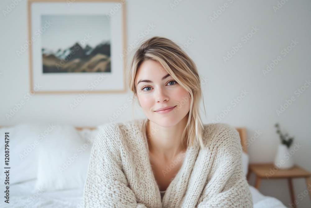Portrait of woman smiling in bedroom scandinavian minimalism style, a painting frame, flowers and vase