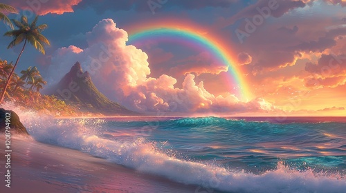 Tropical Sunset, Ocean Waves, Rainbow