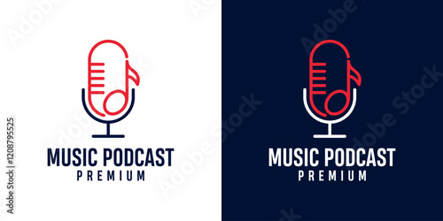 Podcast microphone and music note icon logo illustration design for sound recording studio, vocal course, composer. Singer musician artist celebrities karaoke music logo design illustration.
