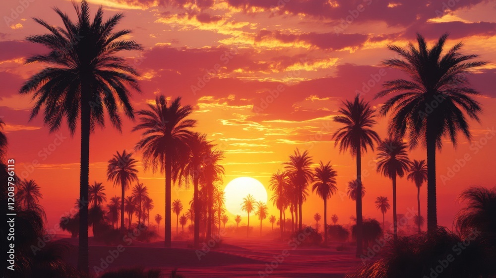 Obraz premium Sunset Oasis Palm Trees Silhouette Landscape