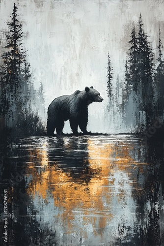 Majestic bear standing by serene lake forest landscape nature art tranquil evening side view wildlife beauty