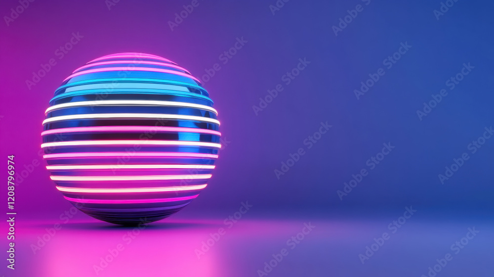 vibrant sphere with neon stripes radiates energy against blue background, creating captivating visual experience