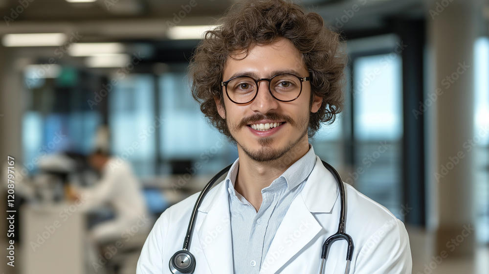Portrait of smiling doctor wearing lab coat and stethoscope in hospital Portrait of smiling doctor wearing lab coat and stethoscope in hospital