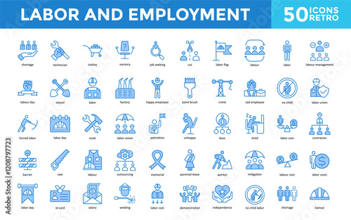 Labor and Employment icon set with shortage, technician, trolley, vacancy, job seeking, cut, labor flag, labour, labor, labour management icon. Simple retro vector 
