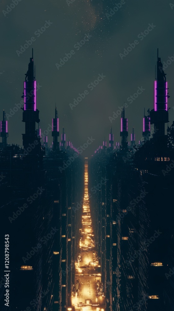 Fototapeta premium Futuristic Cityscape Neon Lights Night Sci Fi Architecture Urban Fantasy