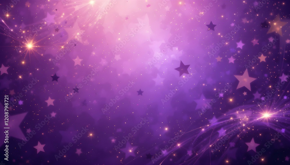 Fototapeta premium Enchanting Purple and Gold Abstract Background with Sparkling Stars and Glowing Wave Patterns for Elegant and Magical Designs