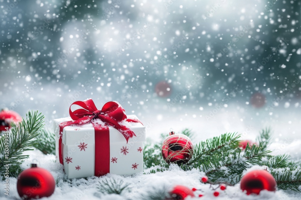 A simple and elegant Christmas scene featuring a white gift box tied with a red ribbon A simple and elegant Christmas scene featuring a white gift box tied with a red ribbon