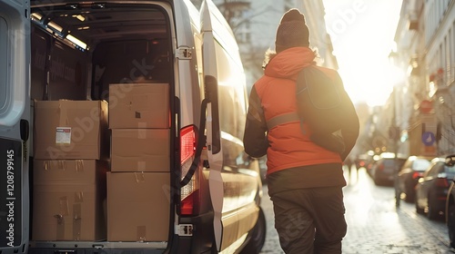 A detailed scene of a delivery professional in action, unloading packages from a spacious van in a clean urban environment with bright natural lighting, focusing on the worker's efficiency and the veh