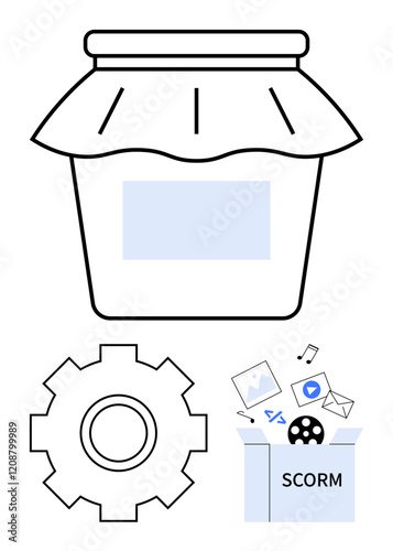 Jar with a label, gear symbol, and SCORM box with multimedia icons. Ideal for e-learning, content creation, packaging tools, digital design, automation, software settings abstract line flat metaphor