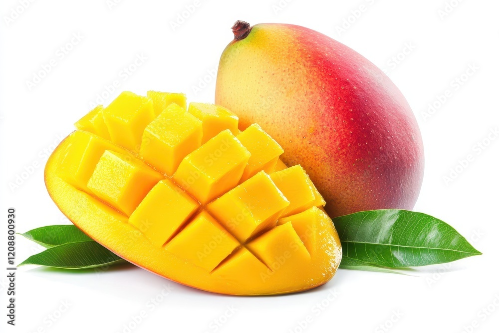 A ripe mango one half cut into neatly arranged cubes isolated on white background A ripe mango one half cut into neatly arranged cubes isolated on white background