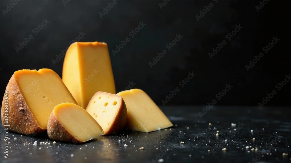 Fototapeta premium Artisan Cheese Selection A Culinary Delight Featuring Golden Hues and Rich Textures on a Dark Background
