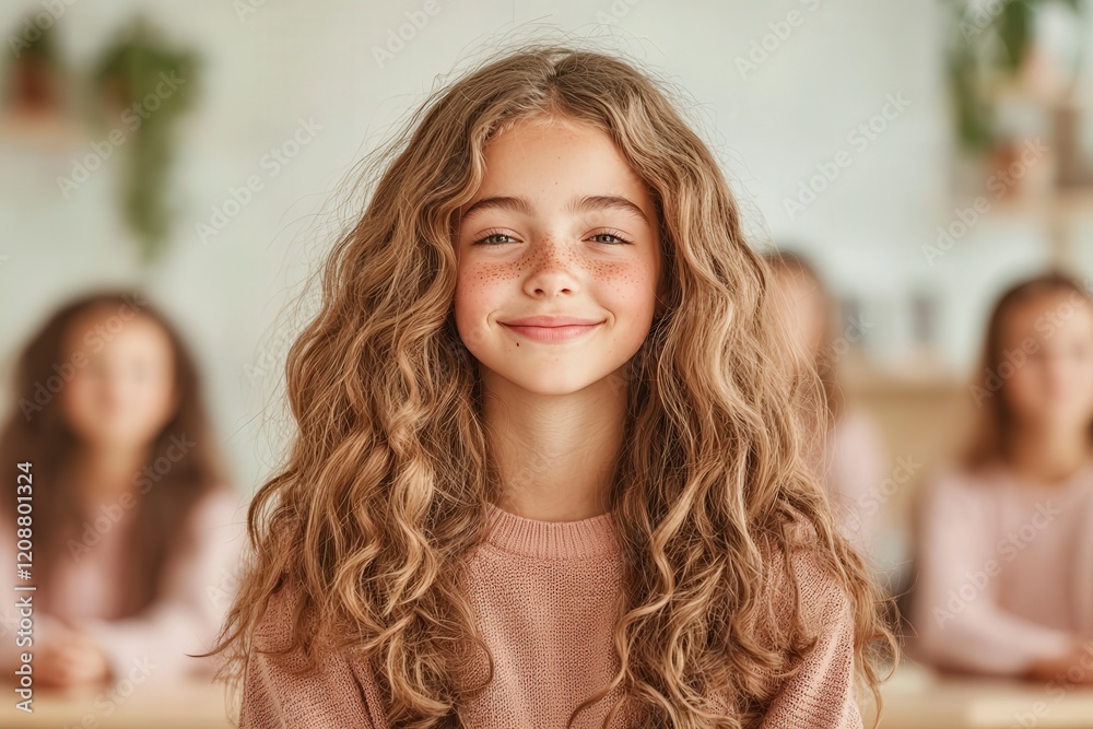 Smiling girl with curly hair in a classroom setting, exuding confidence and warmth, with classmates softly blurred in the background. Smiling girl with curly hair in a classroom setting, exuding confidence and warmth, with classmates softly blurred in the background.