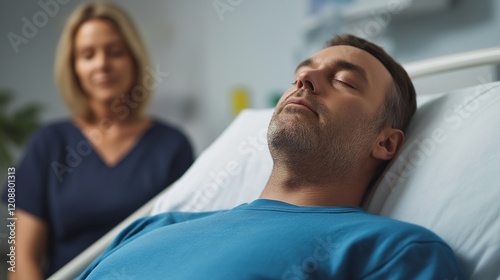 Patient resting in hospital bed while nurse watching over him
