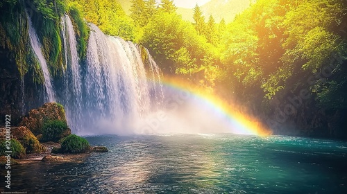 Rainbow Waterfall in Lush Forest
