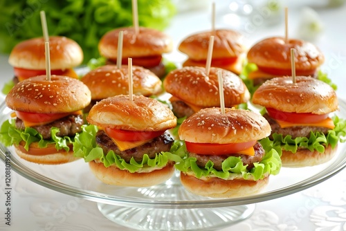 A display of mini burgers on a glass plate, arranged in an elegant and visually appealing way. The burger buns have a golden color from the grill or baking process, each with perfectly cut lettuce lea