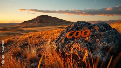 Sunset over hill, rock with COO inscription, grasslands.  Website banner photo