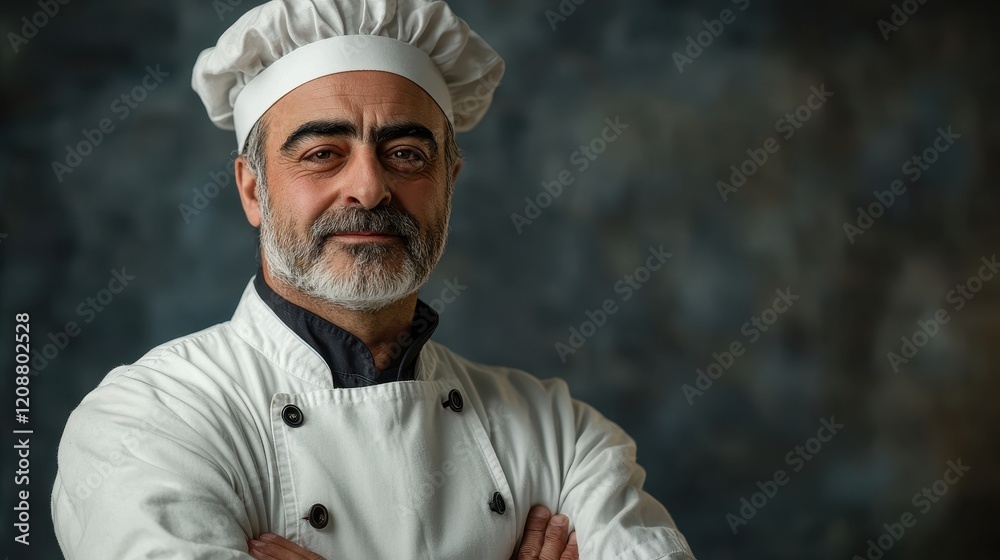 Mature chef in white uniform, arms crossed, confident pose. Perfect for restaurant menus, culinary websites, or food blogs. Mature chef in white uniform, arms crossed, confident pose. Perfect for restaurant menus, culinary websites, or food blogs.