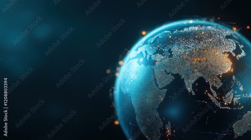 Obraz premium globe Global Connectivity and Networking 3D rendering of Earth with network connections forming a dynamic grid, data points representing global internet users and devices.