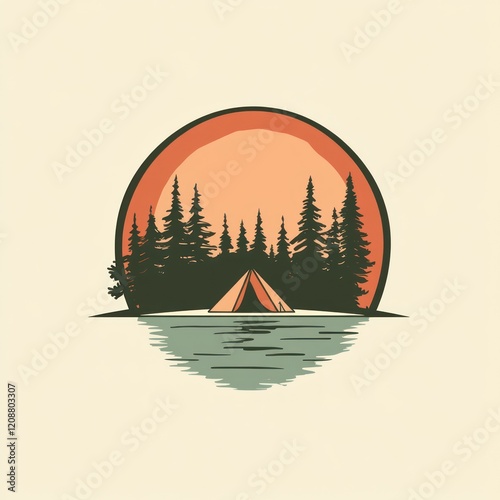 Lakeside Camping Scene at Sunset with Pine Trees photo