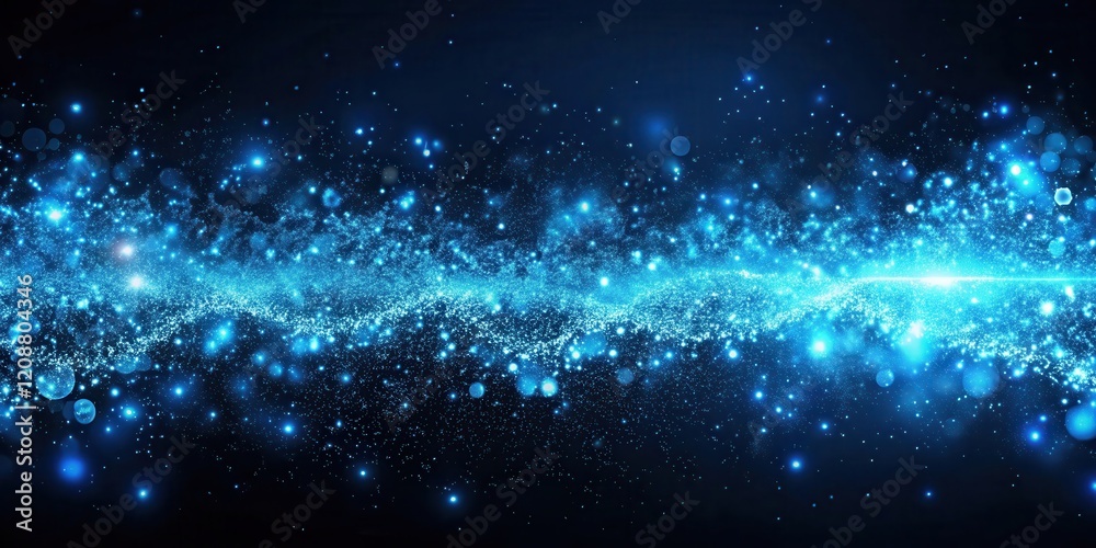 Fototapeta premium Abstract blue glowing particles creating a mesmerizing effect on a dark panoramic background in rendering, blurred, glowing