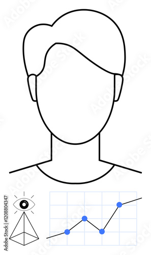 Minimalist face outline, rising graph with data points, and an eye with a triangle. Ideal for themes of analytics, personal growth, statistics, data insights, vision, monitoring and abstract line