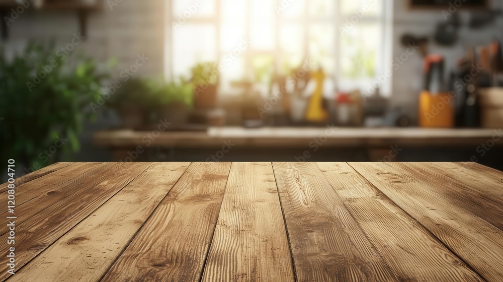 Artisancrafted table with prominent grain, blurred workshop tools, artisanal dedication Artisancrafted table with prominent grain, blurred workshop tools, artisanal dedication