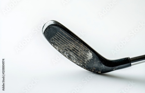 Close-up of a dirty, used golf club head on a white background. photo