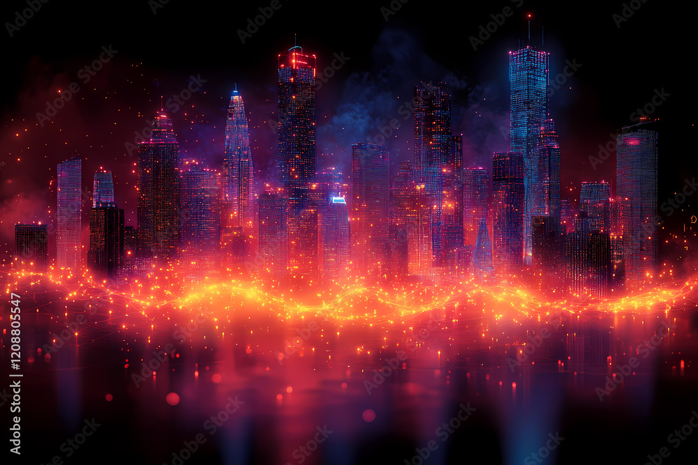 Naklejka premium A futuristic cityscape where real buildings are overlaid with holographic structures and glowing digital grids. A seamless blend of physical and virtual worlds