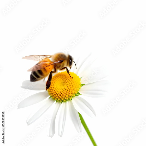 A honey bee on a chamomile flower isolated on the white background