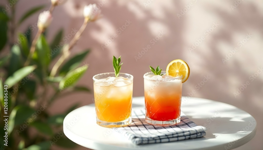 Two invigorating spring cocktails showcased on a table draped with an elegant tablecloth Two invigorating spring cocktails showcased on a table draped with an elegant tablecloth