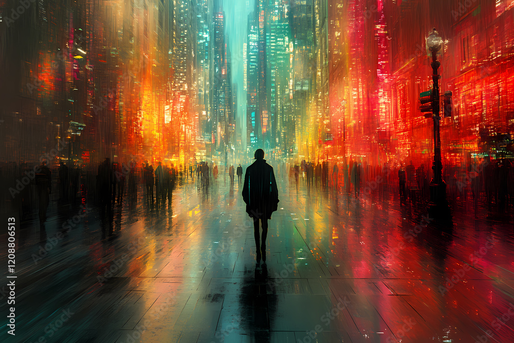 Obraz premium A futuristic cityscape where real buildings are overlaid with holographic structures and glowing digital grids. A seamless blend of physical and virtual worlds