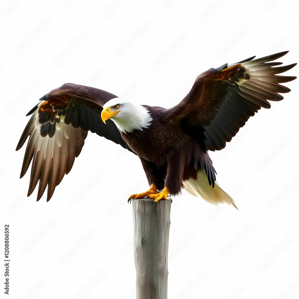 Fototapeta premium a majestic Bald Eagle about to fly from a wooden post isolated on the white background