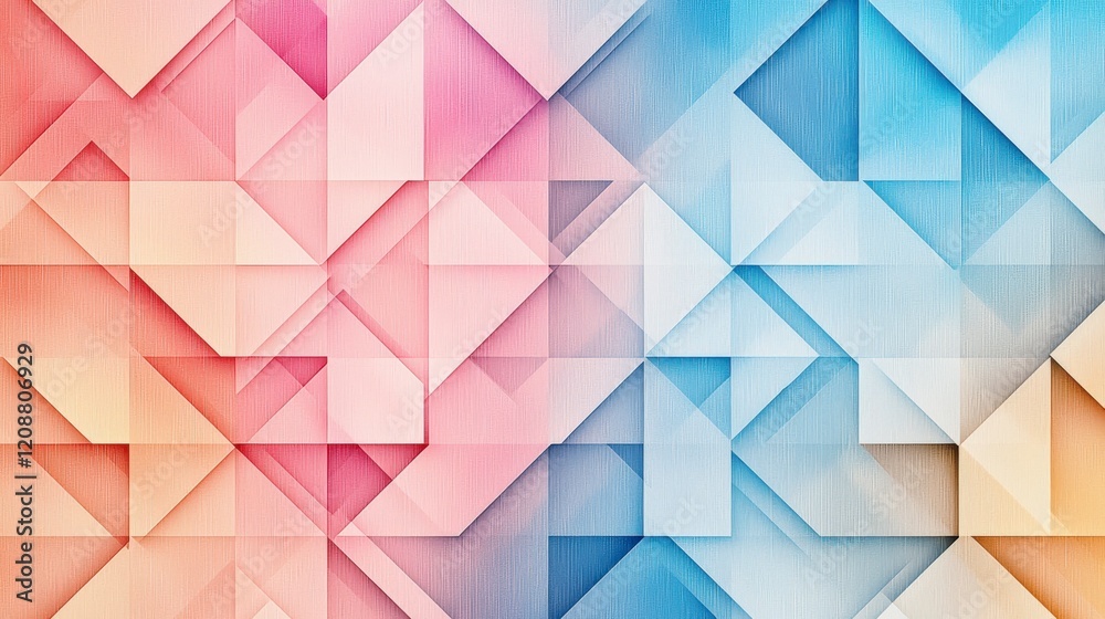 Fototapeta premium Geometric pattern featuring a blend of pink and blue hues, creating a modern and abstract design with triangular shapes.