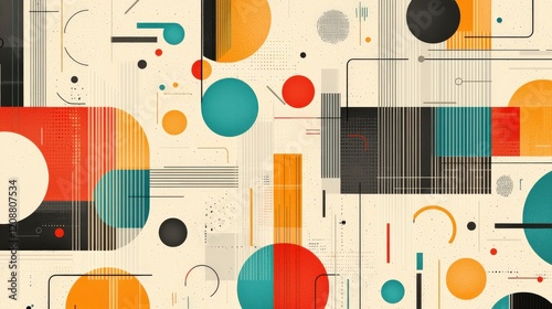 Abstract geometric composition featuring vibrant circles and rectangles in a retro color palette on a textured background.