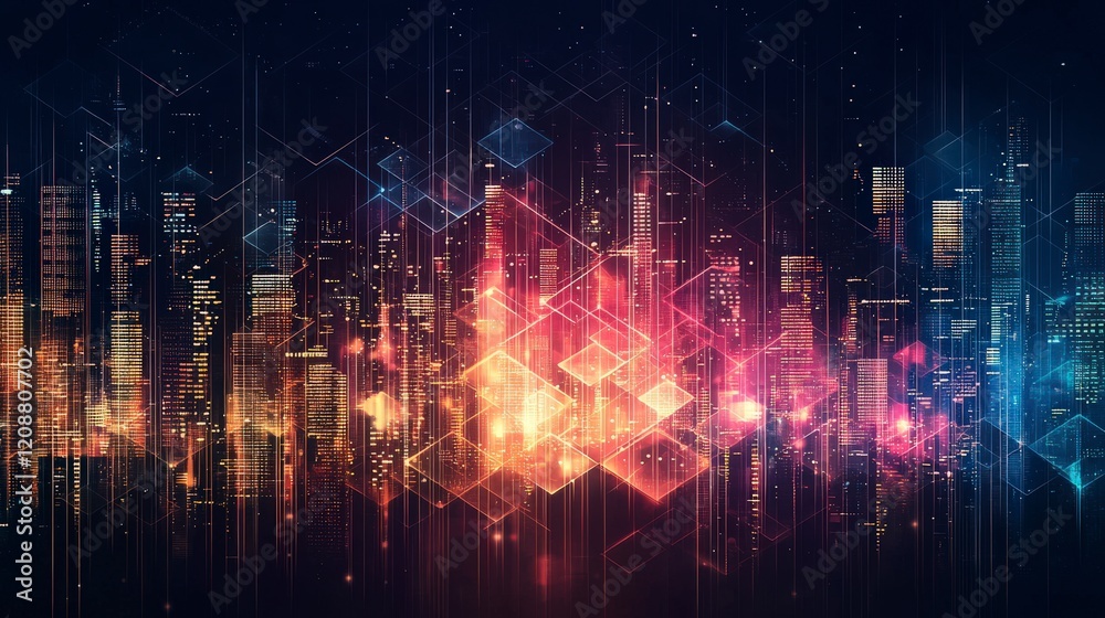 Vibrant city skyline illuminated by colorful lights and digital patterns, creating a futuristic atmosphere at night. Vibrant city skyline illuminated by colorful lights and digital patterns, creating a futuristic atmosphere at night.