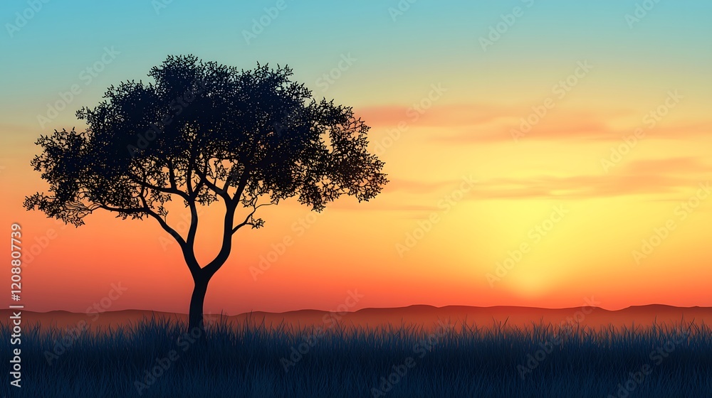 Serene Desert Sunset with Solitary Silhouetted Tree