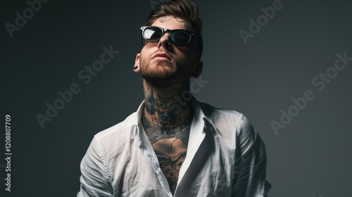 Tattooed hipster male model posing in studio wearing white shirt, AI generated image