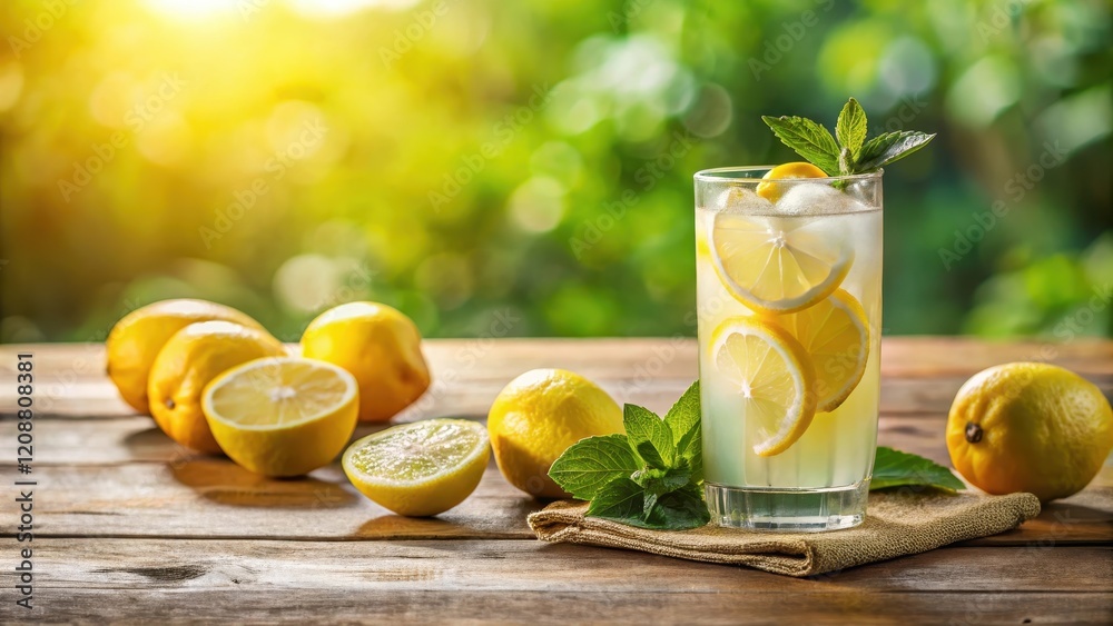 Fototapeta premium Refreshing glass of lemonade on a sunny day, summer, cold drink, citrus, yellow, beverage, relaxation