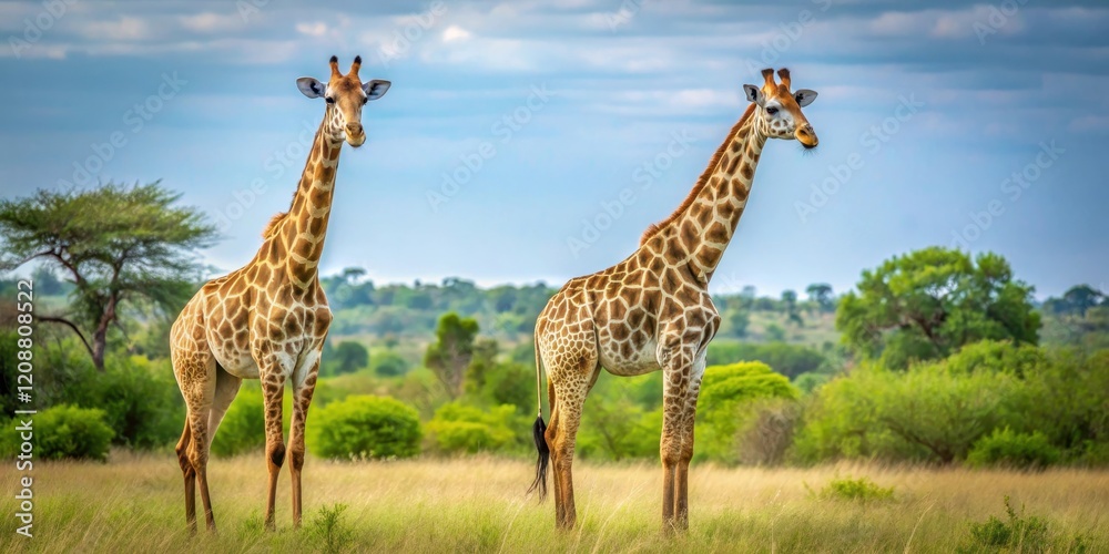 Obraz premium Two giraffes standing elegantly in Kruger National Park, South Africa, giraffe, wildlife, animals, safari, Africa