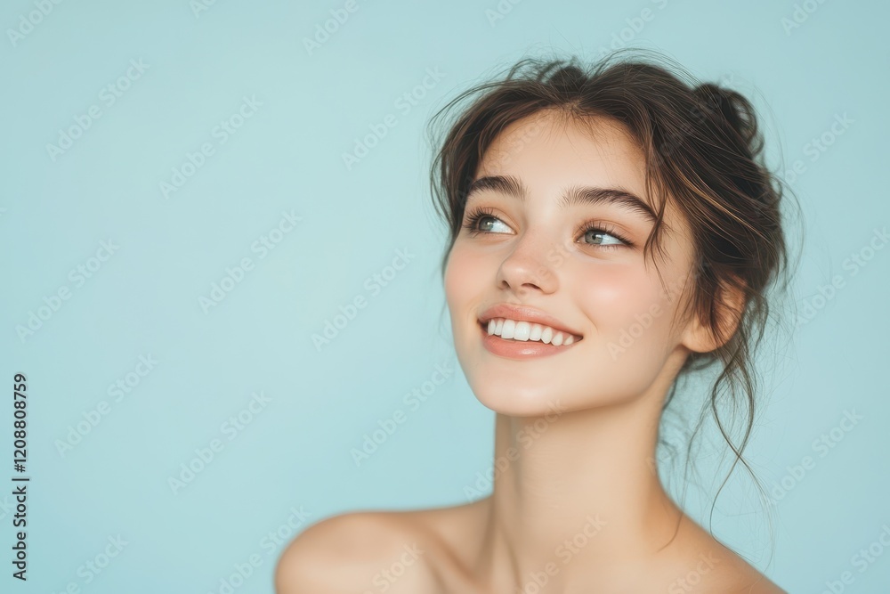 A young woman with a radiant smile looking to the side isolated on a soft blue background A young woman with a radiant smile looking to the side isolated on a soft blue background