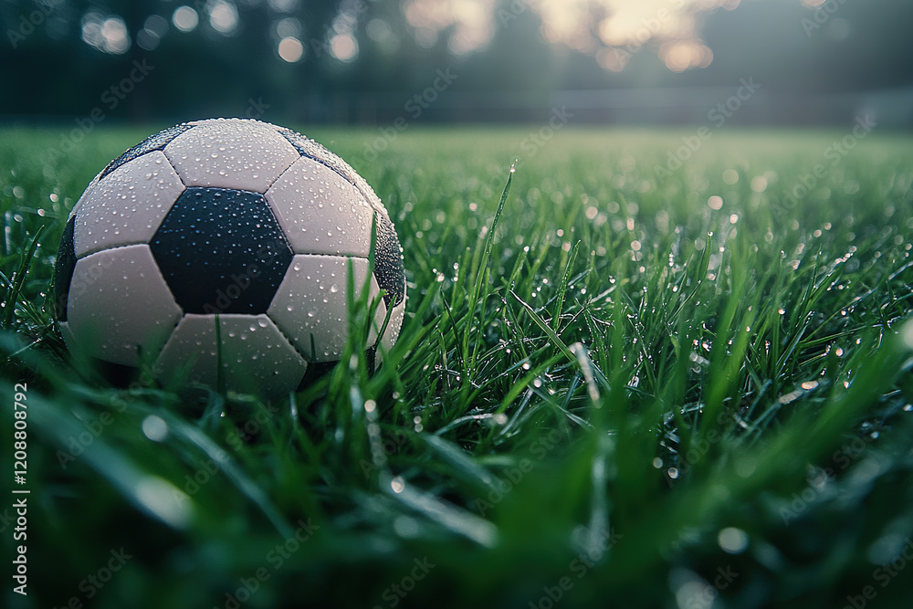 Fototapeta premium Soccer ball on dewy grass