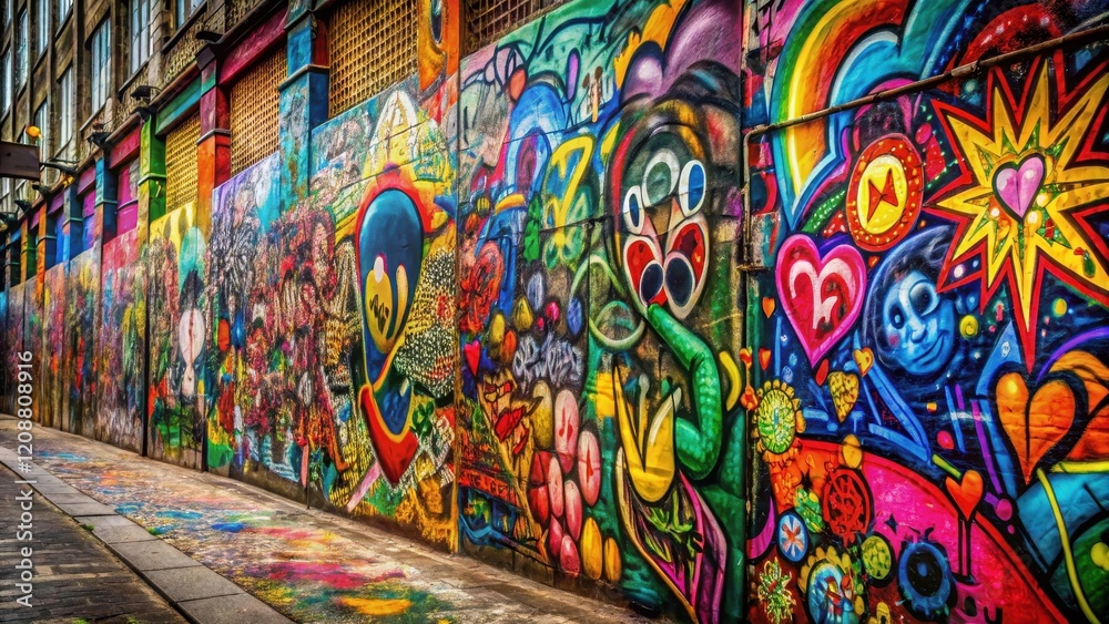 Fototapeta premium Colorful graffiti wall filled with intricate designs and messages , urban, street art, alleyway, vibrant