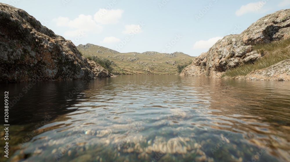 Calm lake nestled in rocky mountains, sunny day; nature background ideal for travel brochures Calm lake nestled in rocky mountains, sunny day; nature background ideal for travel brochures