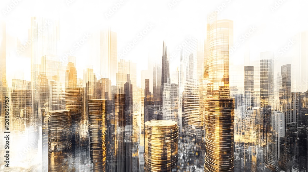 Obraz premium Golden Stacks Rise Among Cityscapes A Modern Metropolis