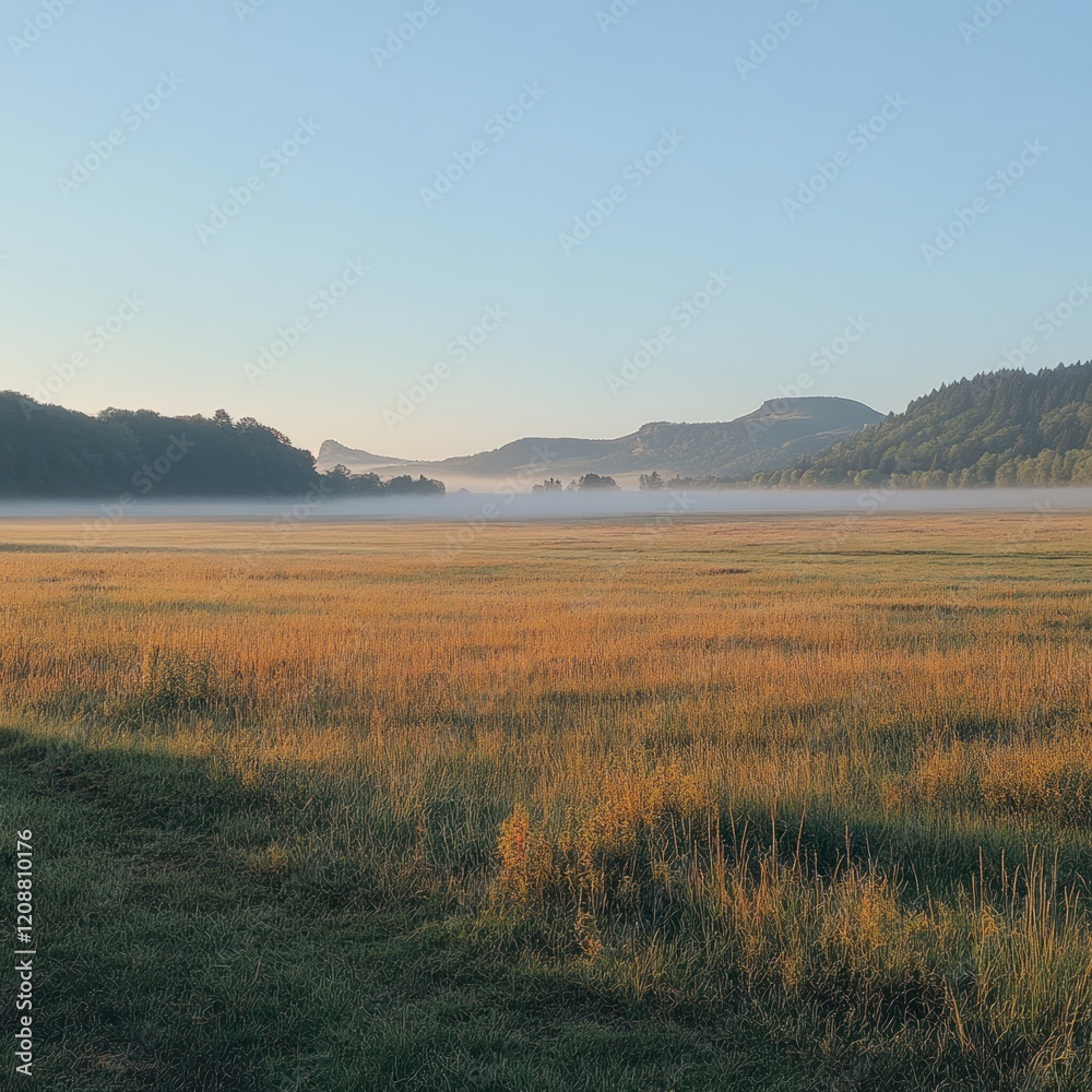 Fototapeta Misty dawn, golden field, distant hills.