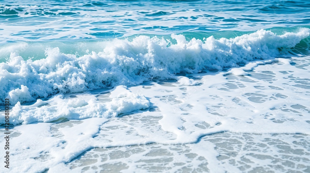 A scenic view of ocean waves crashing onto the sandy beach under a bright sky A scenic view of ocean waves crashing onto the sandy beach under a bright sky