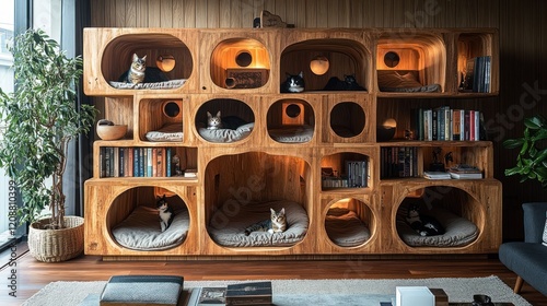 Cats relaxing in modern apartment cat condo photo