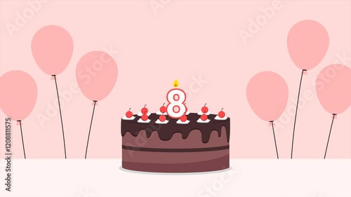 Animated illustration of a chocolate birthday cake with a number 8 candle, topped with a cherry, and surrounded by pastel pink balloons. Perfect for an eighth birthday celebration.