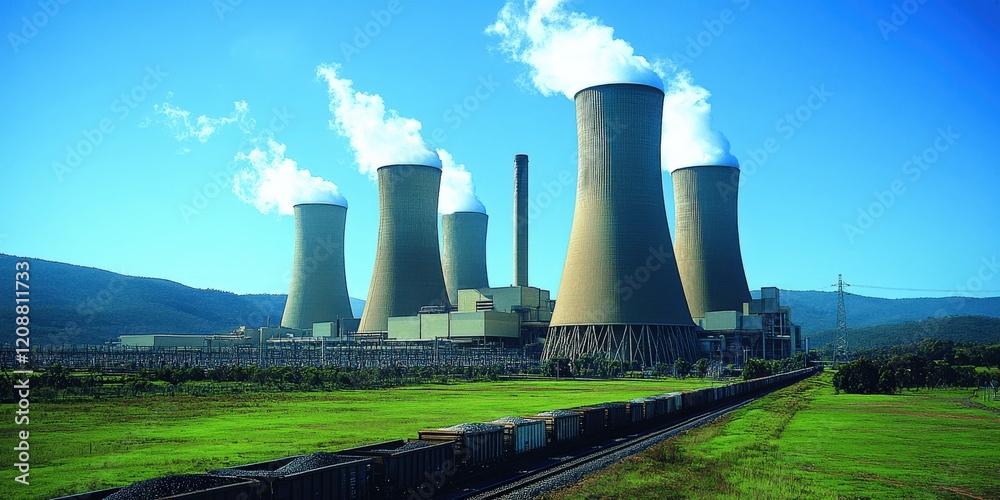 Majestic Cooling Towers of a Power Plant in Scenic Landscape with Blue Sky and Green Fields Energy Industrial Infrastructure Environmental Impact Photography Majestic Cooling Towers of a Power Plant in Scenic Landscape with Blue Sky and Green Fields Energy Industrial Infrastructure Environmental Impact Photography