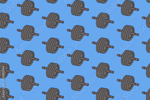 abs wheel fitness gym colorful pattern on blue background. doodle push up bar handle object symbol seamless pattern background. abs wheels bar handle seamless pattern for fitness decor and merchandise